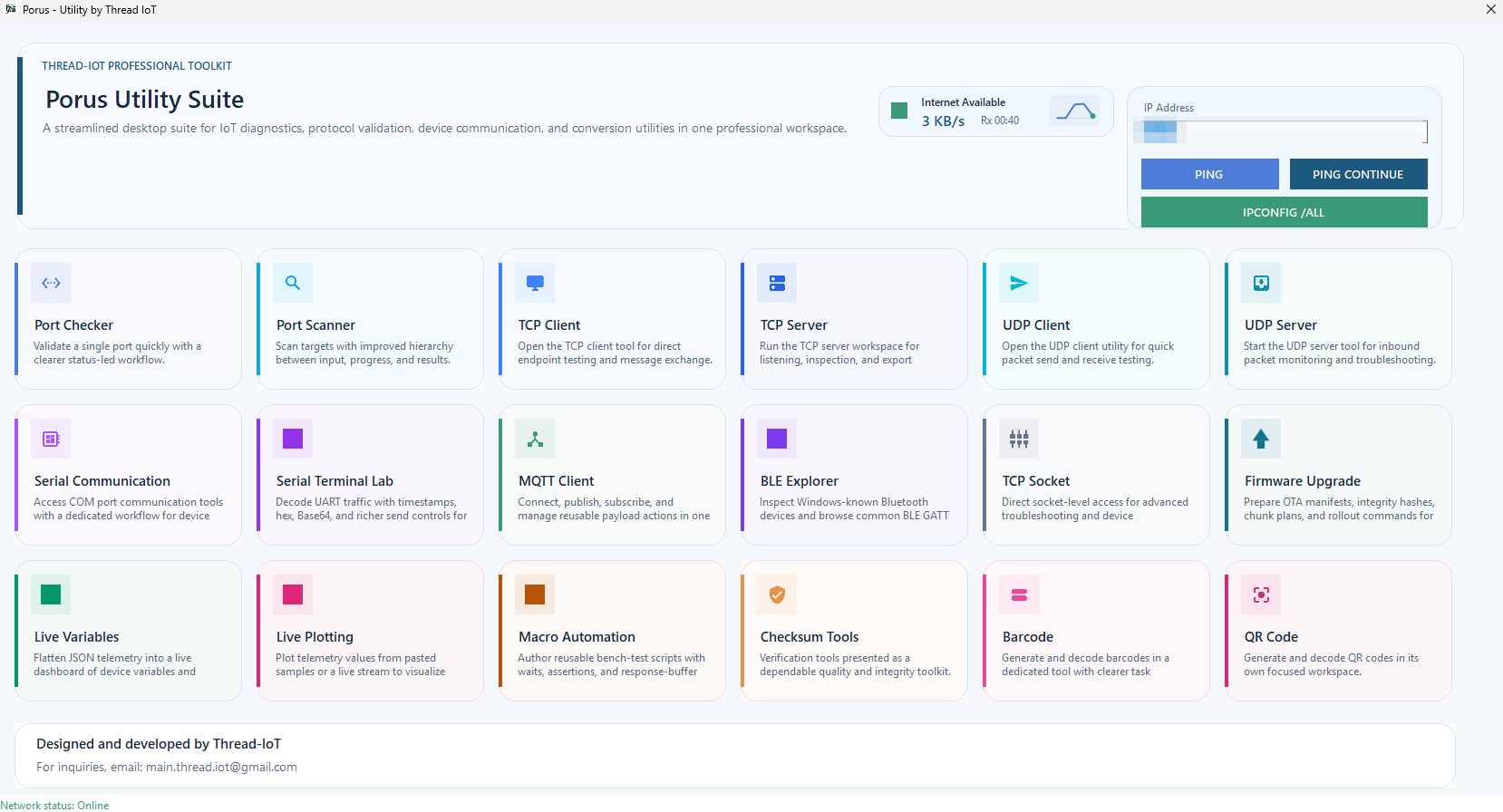 Porus Utility dashboard showing IoT diagnostics cards