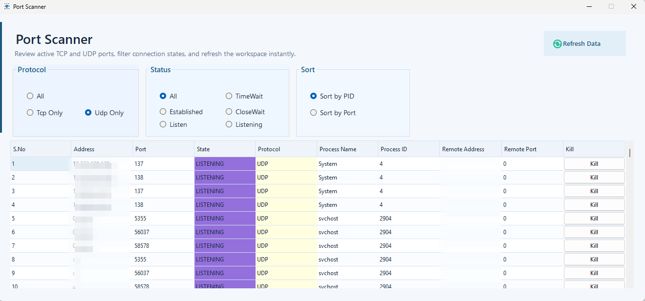 Port scanner list and filters